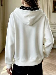 Cévolie Women's Hooded Drawstring Pocket Zipper Heart Pattern Sweatshirt - Black and White - View 2