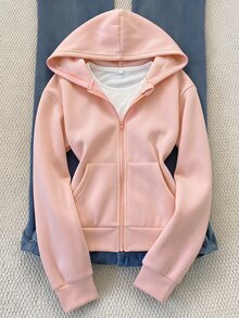 SHEIN 秋冬女童連帽拉鍊夾克 街頭風 防寒針織面料 寬鬆版型 校園休閒 淡粉色 白色 水藍色 - 淺粉色 - 查看 1
