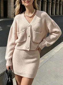 Cévolie Women's Solid Color Long Sleeve V-Neck Pocket Top And Skirt Knit Set - Apricot - View 3