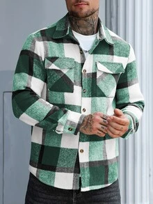 Manfinity Homme Men's Wool Plaid Pattern Urban Renaissance Street Style Casual Fashion Creative Personalized Streetwear Jacket - Green - View 6