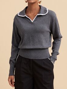 Travachic Women's Shell Embroidery Contrast Color Long Sleeve Sweater, Versatile For Daily Wear - Grey - View 5