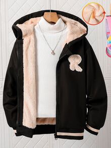 SHEIN 青少年女孩時尚連帽衫，字母 R 貼布設計上衣，2026 秋冬時尚休閒外套，夾克風街頭穿搭 - 卡其色 - 查看 1