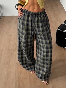Coolane 女款秋季保暖休閒時尚優雅綠色海軍藍格紋彈性抽繩腰寬鬆寬腿長款居家長褲 - 綠色 - 查看 4