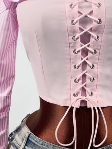 Mistrie ملابس علوية نسائية قصيرة بأكمام طويلة وياقة باندو برباط سحب وتفاصيل كشكشة وتصميم باتشوورك - وردي - مشاهدة 6