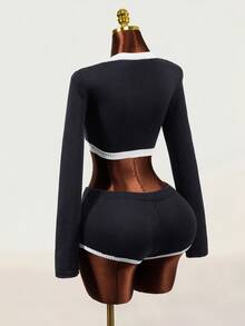 Mistrie Women's Black & White Colorblock Short Sweater Top And Sweater Skirt 2 Pieces Set - Black - View 2