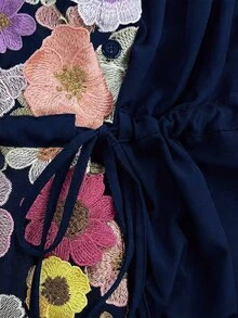 Formidée Plus Size Minimalist Elegant Embroidered Mesh Sleeve Tie Waist Women's Dress - Navy Blue - View 3