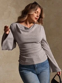 Elegantrix Plus Size Women's Autumn/Winter Cowl Neck Flared Sleeve Cinched Waist Ruched Floral Chiffon Ribbed Knit Fabric French Casual Top Fall - Apricot - View 4
