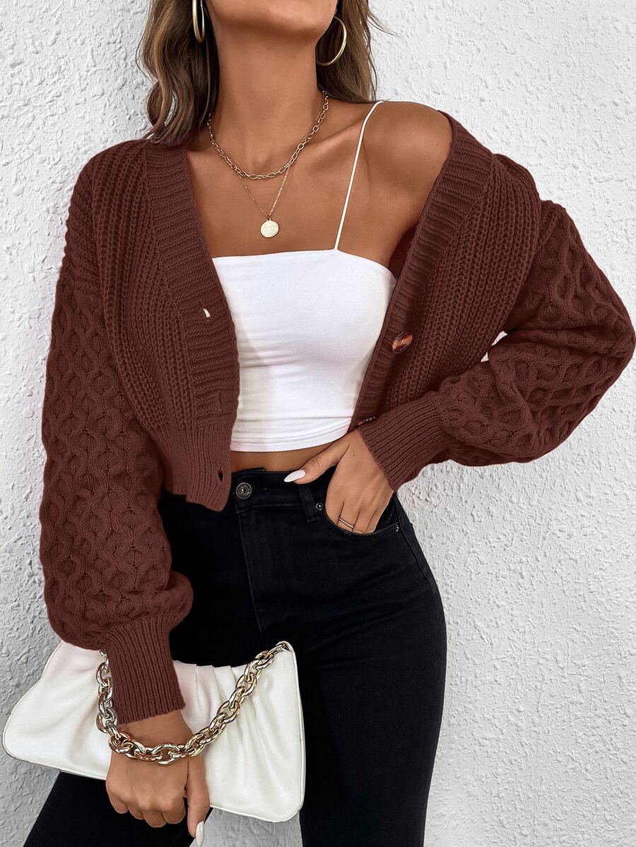RosyDaze 女款秋冬時尚休閒燈籠袖短版開襟衫 - 棕色 - 查看 1