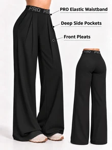 Easithlete Easithlete 1pc Wide Leg Pants, Letter Elastic Waistband, Pleated Design, Suitable For Daily, Fitness, Summer - Black - View 1