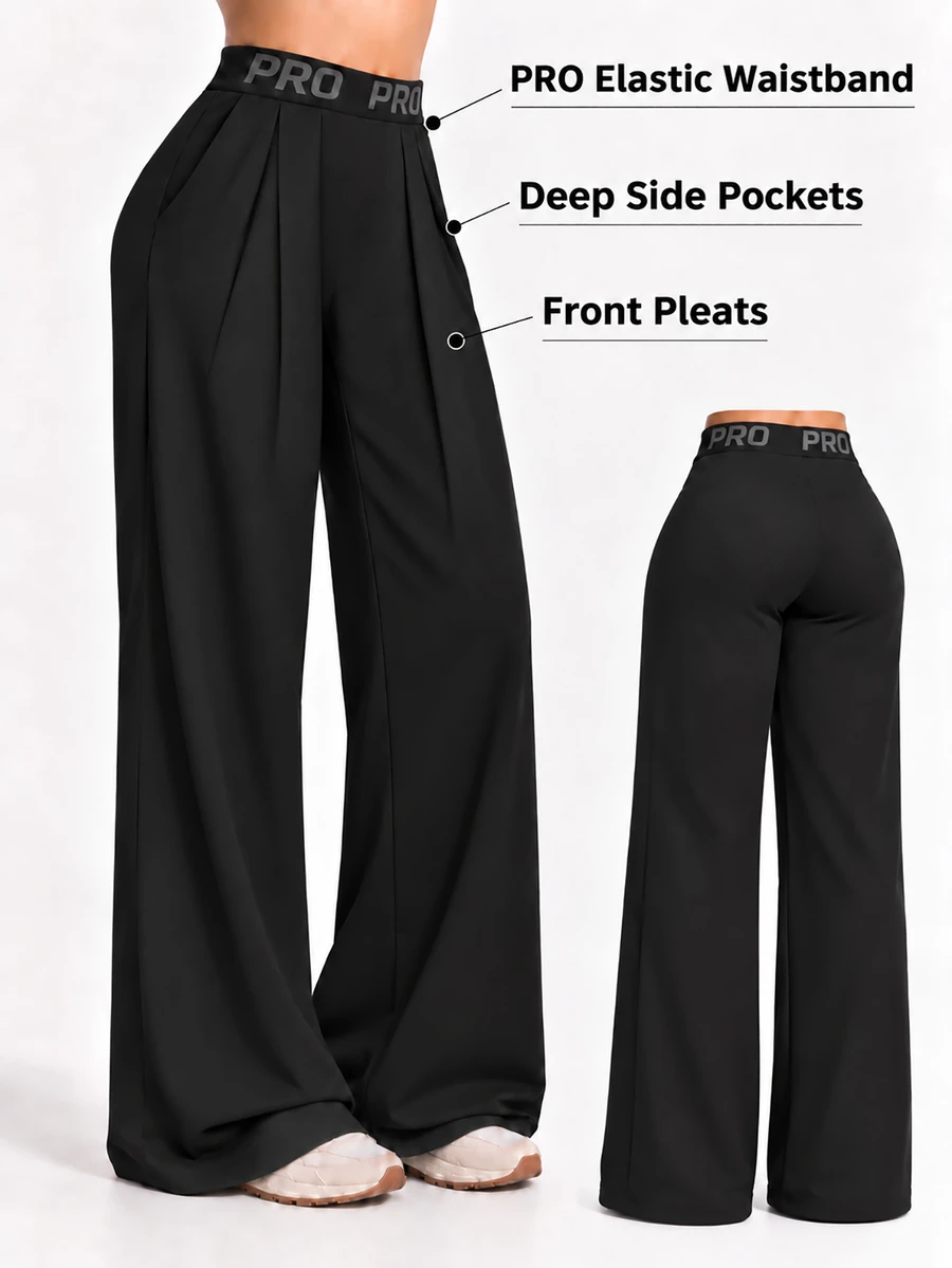 Easithlete Easithlete 1pc Wide Leg Pants, Letter Elastic Waistband, Pleated Design, Suitable For Daily, Fitness, Summer - Black - View 1