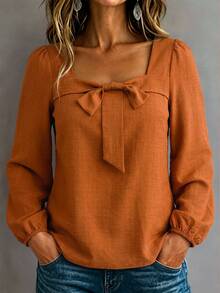 Linhara CURVE Plus Size Casual Loose Round-Neck Long-Sleeve Shirt - Orange - View 4