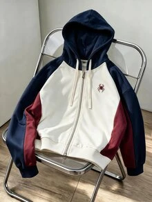 Daypath American Vintage Colorblock Double Zipper Hooded Sweatshirt, Multi-Color Patchwork Loose Casual Sweatshirt - Beige - View 1