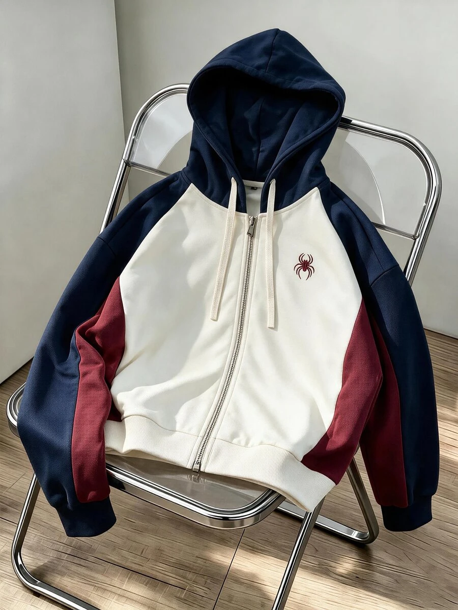Daypath American Vintage Colorblock Double Zipper Hooded Sweatshirt, Multi-Color Patchwork Loose Casual Sweatshirt - Beige - View 1