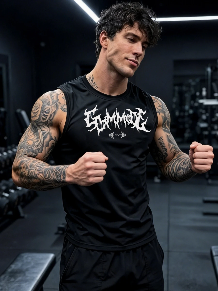 GymBeat 男士圓領圖案印花休閒日常百搭無袖運動背心 - 黑色 - 查看 1