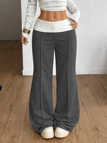 Coolane Women's Casual Elastic Waist Foldable Patchwork Contrast Color Design Sweatpants - Dark Grey - View 2