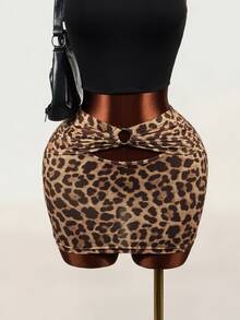 Mistrie Women's Sexy Leopard Print Hollow Out Tie Skirt - Coffee Brown - View 11