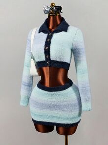 Mistrie Collared Striped Fuzzy Knit 2 Pieces Outfit, Long Sleeve Button Front Crop Cardigan & High Waist Mini Skirt, Colorful Sweet Fall Winter Matching Set - Multicolor - View 6