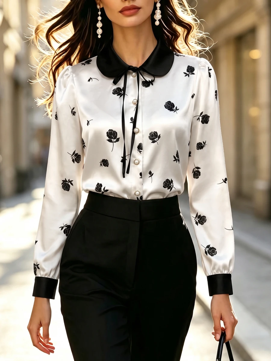 RosyDaze Satin Floral Print Contrast Collar Tie Neck Shirt - Multicolor - View 1