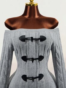 Mistrie Women's Fashion Off-Shoulder Button Design Long Sleeve Sweater Dress - Grey - View 10