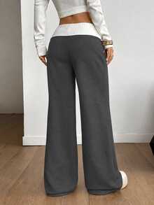 Coolane Women's Casual Elastic Waist Foldable Patchwork Contrast Color Design Sweatpants - Dark Grey - View 6