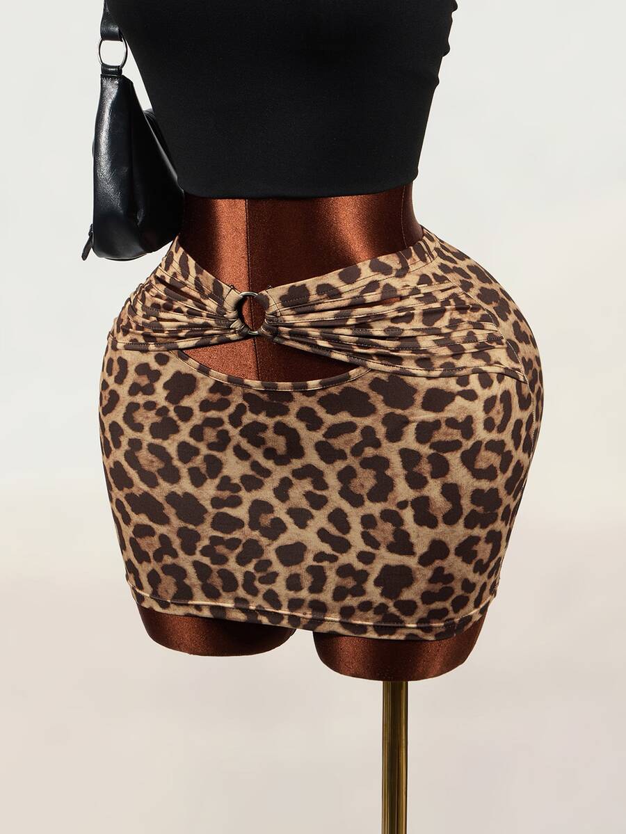 Mistrie Women's Sexy Leopard Print Hollow Out Tie Skirt - Coffee Brown - View 1