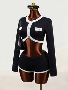 Mistrie Women's Black & White Colorblock Short Sweater Top And Sweater Skirt 2 Pieces Set - Black - View 3