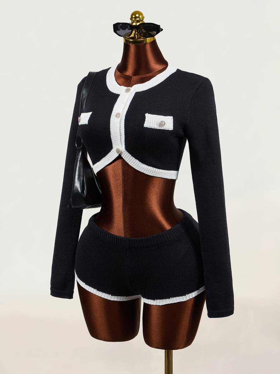 Mistrie Women's Black & White Colorblock Short Sweater Top And Sweater Skirt 2 Pieces Set - Black - View 1