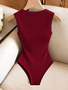 Franclia Women's Sleeveless V-Neck Button Decor Bodysuit, Suitable For Home, Office, Dating, Resting, Commuting And More - Burgundy - View 2