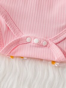SHEIN Playful Pals 新生女嬰黃色直條紋蝴蝶結拼接雛菊網紗洋裝＆髮帶兩件套 - 粉色 - 查看 7