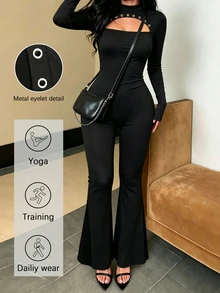 INAWLY Cutout Eyelet Detail Long Sleeve Flare Leg Jumpsuit, High Neck Bodycon Stretch Rompe - Black - View 1