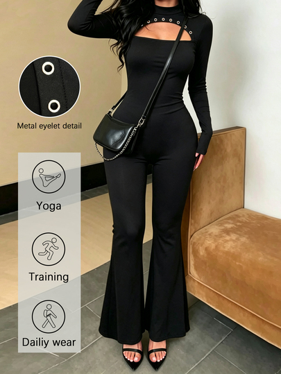 INAWLY Cutout Eyelet Detail Long Sleeve Flare Leg Jumpsuit, High Neck Bodycon Stretch Rompe