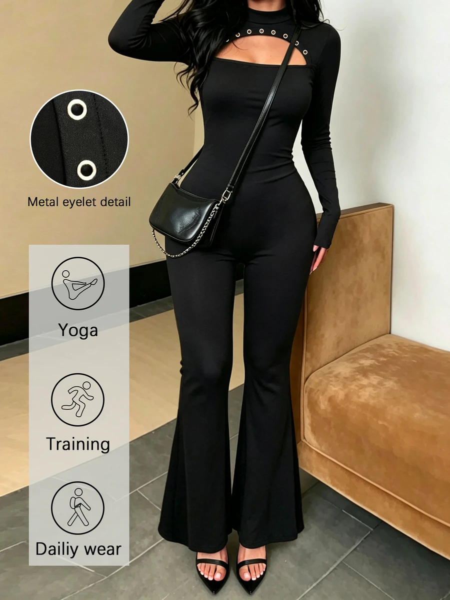 INAWLY Cutout Eyelet Detail Long Sleeve Flare Leg Jumpsuit, High Neck Bodycon Stretch Rompe - Black - View 1