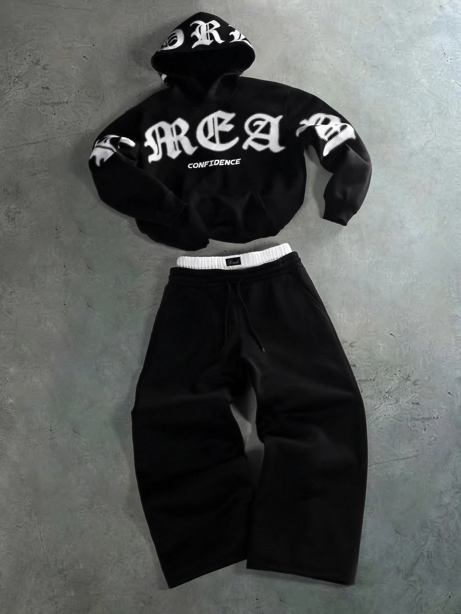 PAVTROS Men's Letter Print Long Sleeve Hoodie And Colorblock Pants 2 Pieces Set - Black - View 1