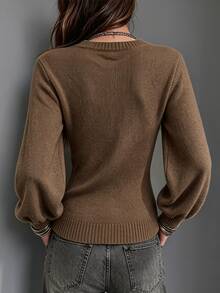 Trelyra Women's Minimalist Casual Lantern Sleeve V-Neck Sweater, Autumn/Winter - Coffee Brown - View 2
