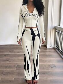 INAWLY Solva Letter Graphic Zip Up Crop Top & Flare Leg Pants Set - Apricot - View 5