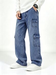 SHEIN 青少年男孩牛仔長褲，柔軟棉質休閒款，時尚百搭舒適，極簡風，全彈性腰頭，工裝多口袋設計，寬鬆直筒版型，黑灰色水洗牛仔長褲，適合日常穿著與度假 - 深色水洗藍 - 查看 3