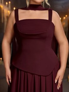 Glamrae Plus Size Glamorous Elastic Knit & Chiffon Patchwork Ruched Full Skirt Sexy Slit Bridal Gown, Flowy Ruched Fabric Wedding Bridesmaid Evening Dress With Shawl - Burgundy - View 4
