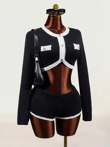 Mistrie Women's Black & White Colorblock Short Sweater Top And Sweater Skirt 2 Pieces Set - Black - View 1