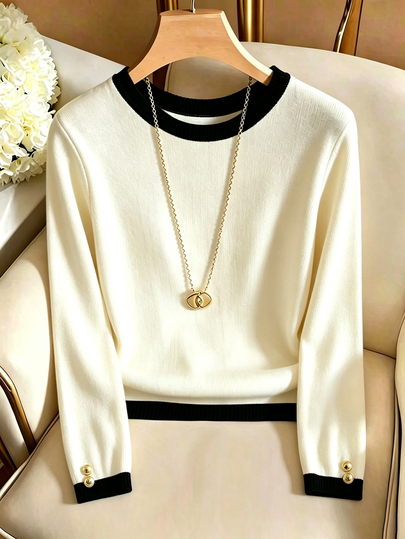 SHEIN Franclia Elegant Cream White Long Sleeve Knitted T-Shirt, Casual Daily Wear, Round Neck, Regular Fit, Minimalist Fashion With Patchwork Details, Women's