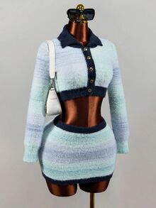 Mistrie Collared Striped Fuzzy Knit 2 Pieces Outfit, Long Sleeve Button Front Crop Cardigan & High Waist Mini Skirt, Colorful Sweet Fall Winter Matching Set - Multicolor - View 2