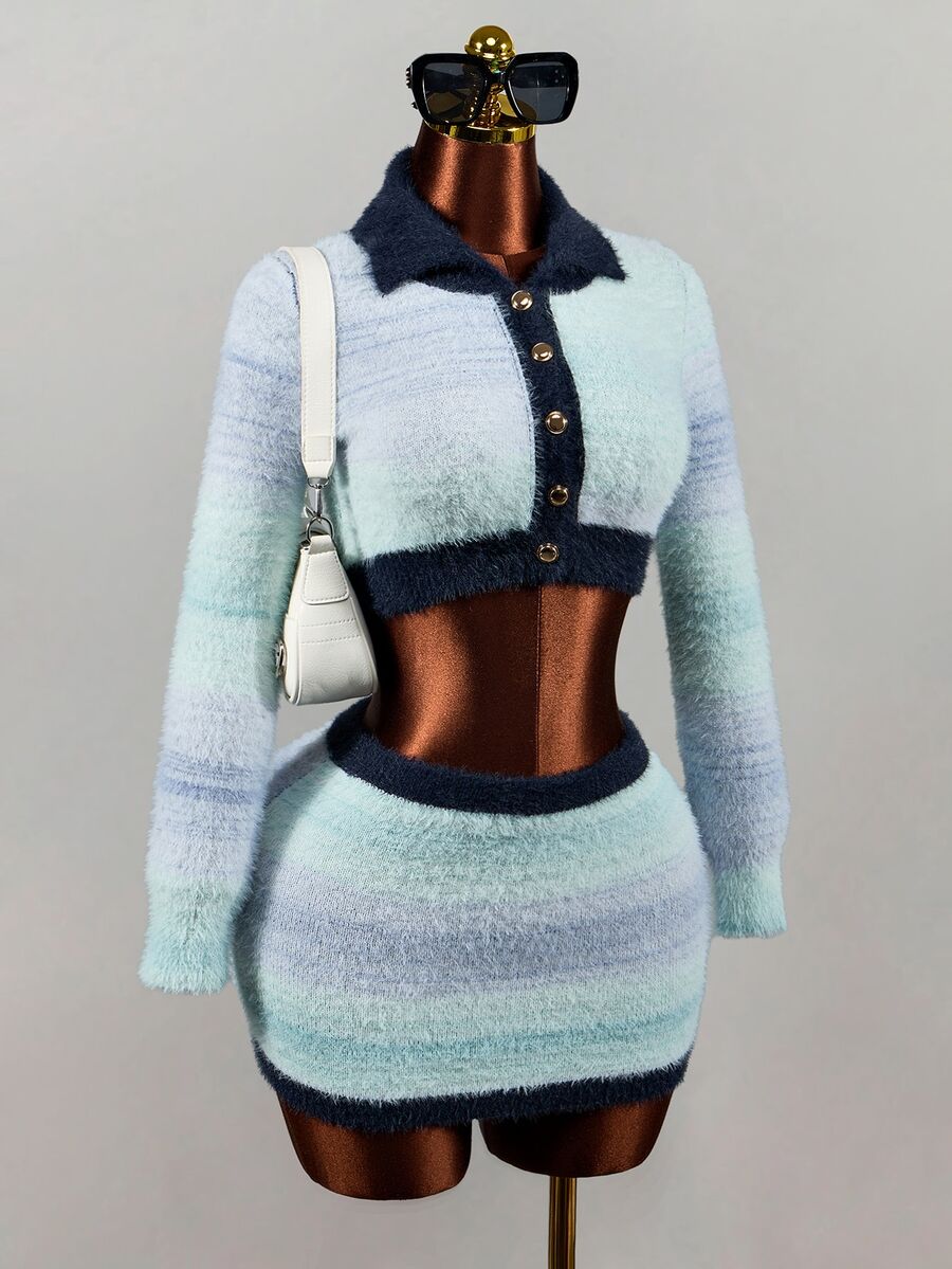 Mistrie Collared Striped Fuzzy Knit 2 Pieces Outfit, Long Sleeve Button Front Crop Cardigan & High Waist Mini Skirt, Colorful Sweet Fall Winter Matching Set