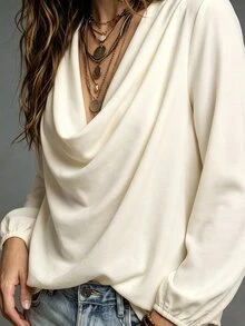 SHEIN Holidaya Women's New Fashion Cowl Neck Design Solid Color Long Sleeve Blouse, Back To School Outfit, Autumn/Winter New - Apricot - View 4