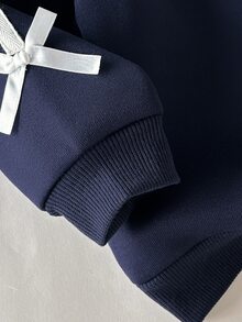 SHEIN 女嬰針織織帶對比色蝴蝶結抓絨衛衣與長褲2件套，適合秋冬，室內/戶外穿著，可愛休閒百搭 - 彩色 - 查看 5