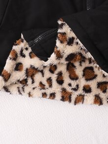 SHEIN 女童休閒時尚梭織布連帽長版收腰外套，對比色豹紋印花刷毛內裡，寬鬆舒適，適合秋冬日常通勤、戶外玩耍、出遊、聚會與拍照 - 黑色 - 查看 5