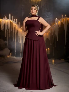 Glamrae Plus Size Glamorous Elastic Knit & Chiffon Patchwork Ruched Full Skirt Sexy Slit Bridal Gown, Flowy Ruched Fabric Wedding Bridesmaid Evening Dress With Shawl - Burgundy - View 6