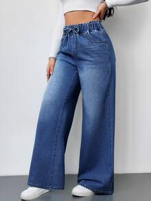 SHEIN CURVE+ 大尺碼女款休閒寬鬆鬆垮抽繩腰口袋設計牛仔褲 冬季時尚基礎哥特風 萬聖節聖誕節慶典 CURVE+ FIT+ - 藍色 - 查看 5