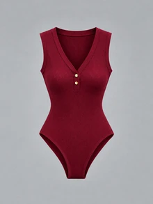 Franclia Women's Sleeveless V-Neck Button Decor Bodysuit, Suitable For Home, Office, Dating, Resting, Commuting And More - Burgundy - View 4