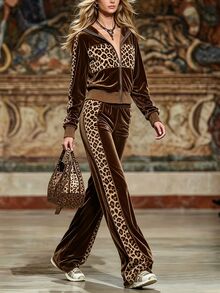 Trelyra Women's Casual Vintage Leopard Print Patchwork Set, Autumn/Winter - Brown - View 4