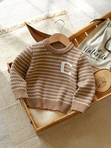 SHEIN Baby Boy Sweater, Turn-Down Collar Long Sleeve Striped Colorblock Knit, Suitable For Spring, Autumn, Winter, Autumn/Winter - Khaki - View 1
