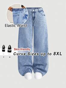 SHEIN CURVE+ 大尺碼女款休閒日常牛仔褲，附口袋，秋冬正式商務時尚基本款，哥德風，萬聖節聖誕節節慶適用，CURVE+ FIT+ - 藍色 - 查看 1